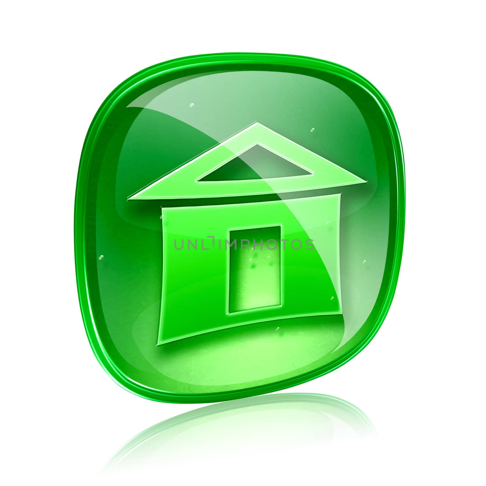 home icon green glass, isolated on white background