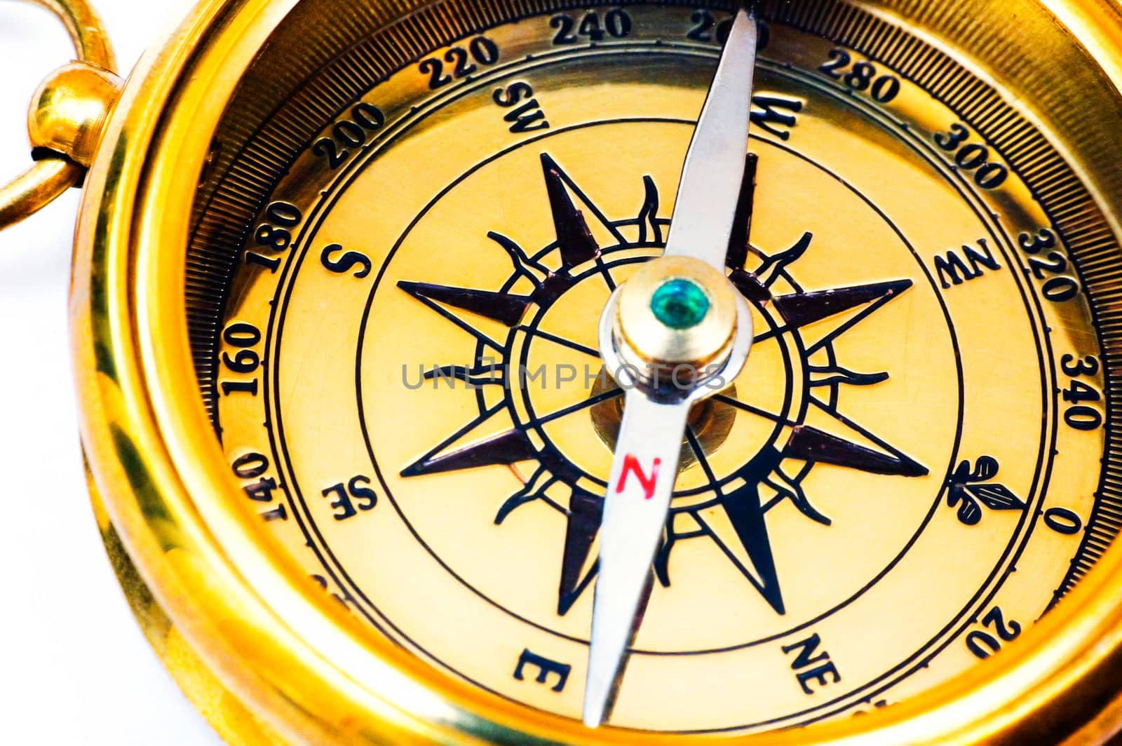 Old style brass compass on white background