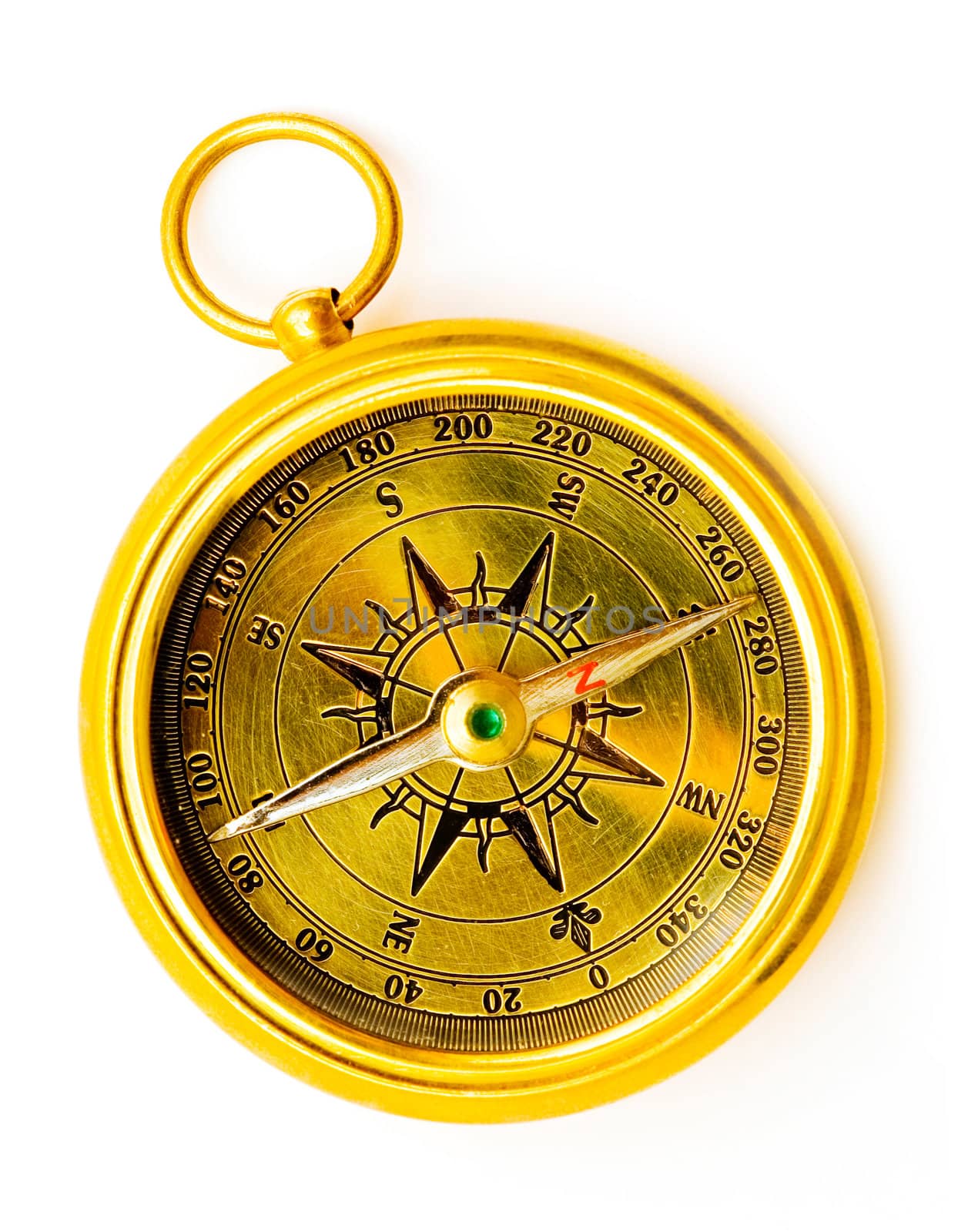 Old style brass compass on white background