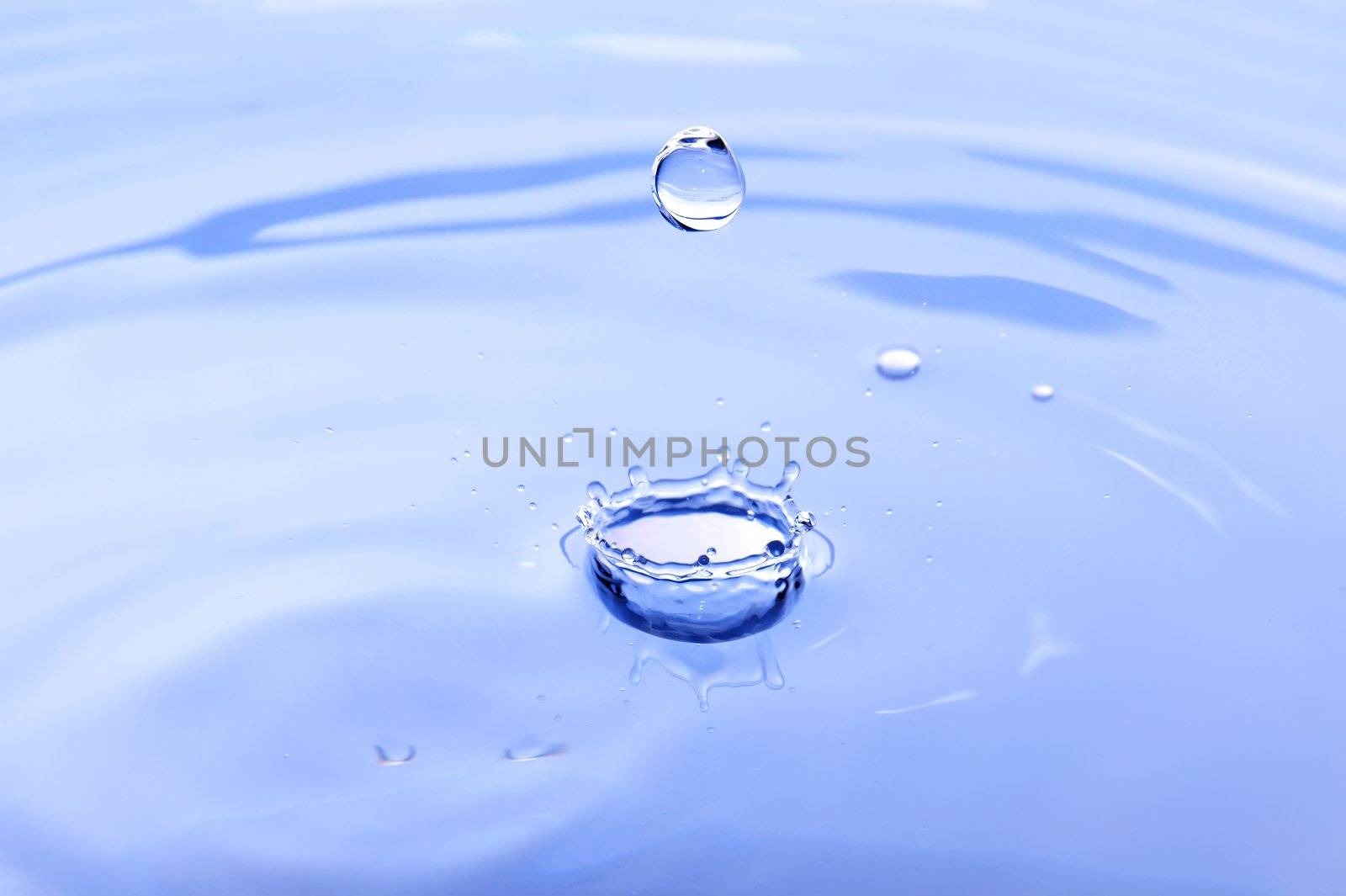 Water drop in rippled liquid close-up