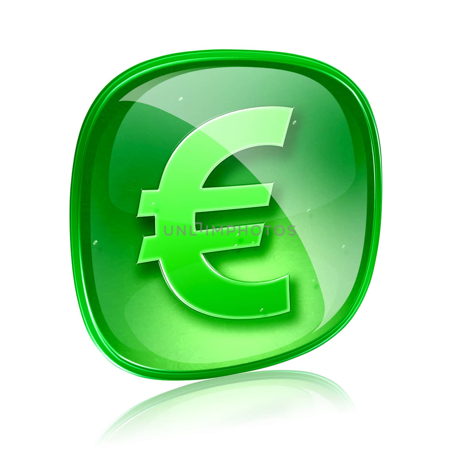 Euro icon green glass, isolated on white background