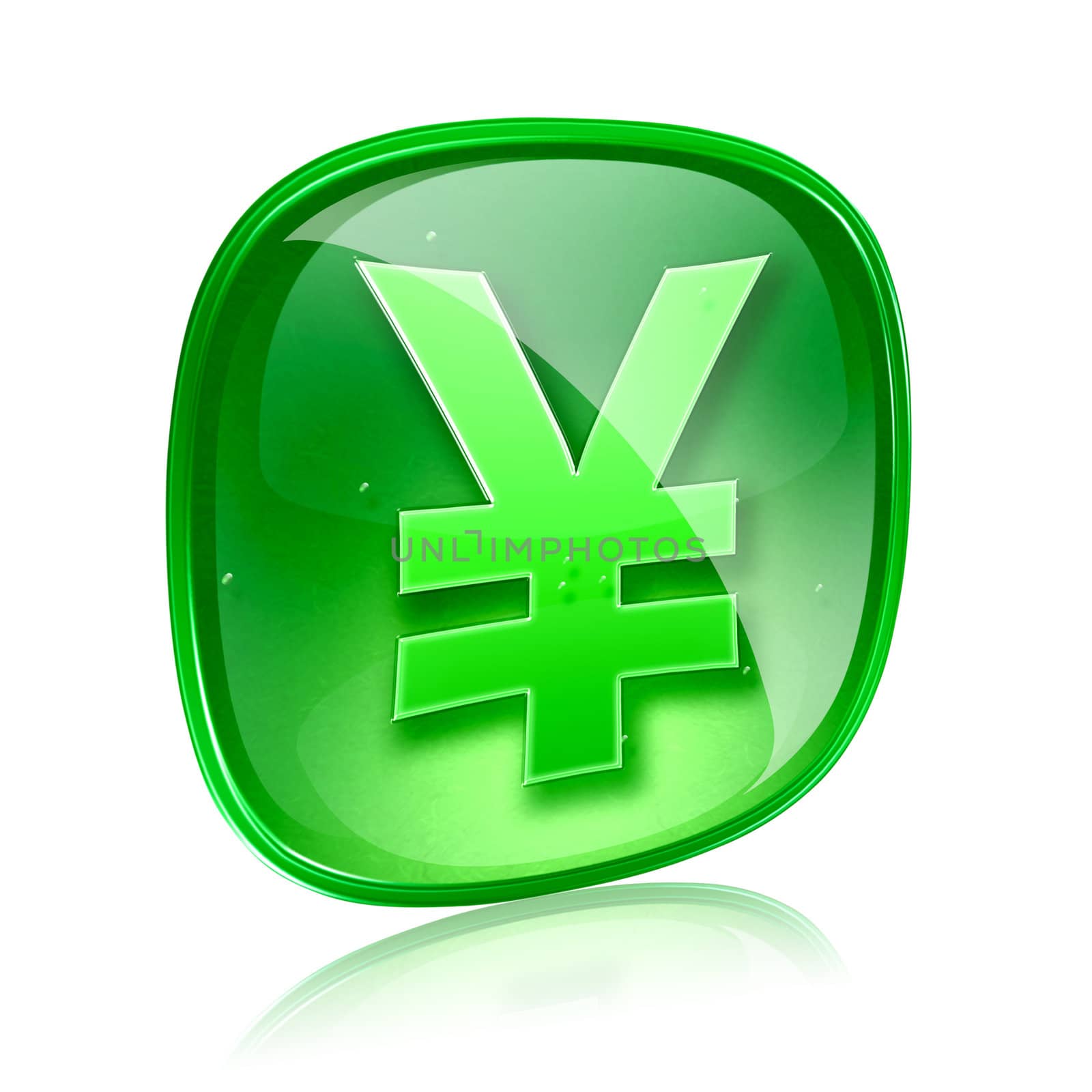 Yen icon green glass, isolated on white background