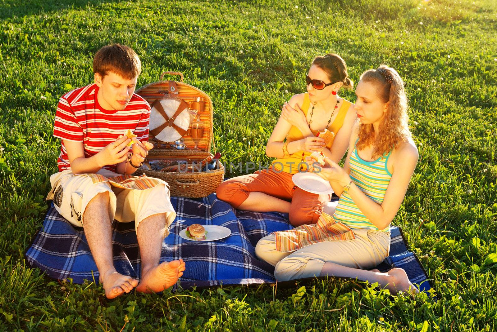 Friends on picnic at sunny day 