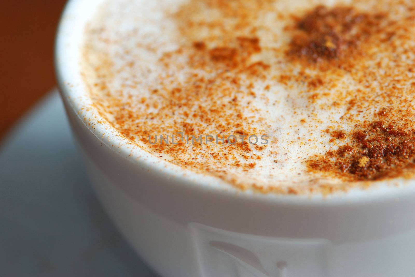 Cup of cappuccino with cinnamon close up