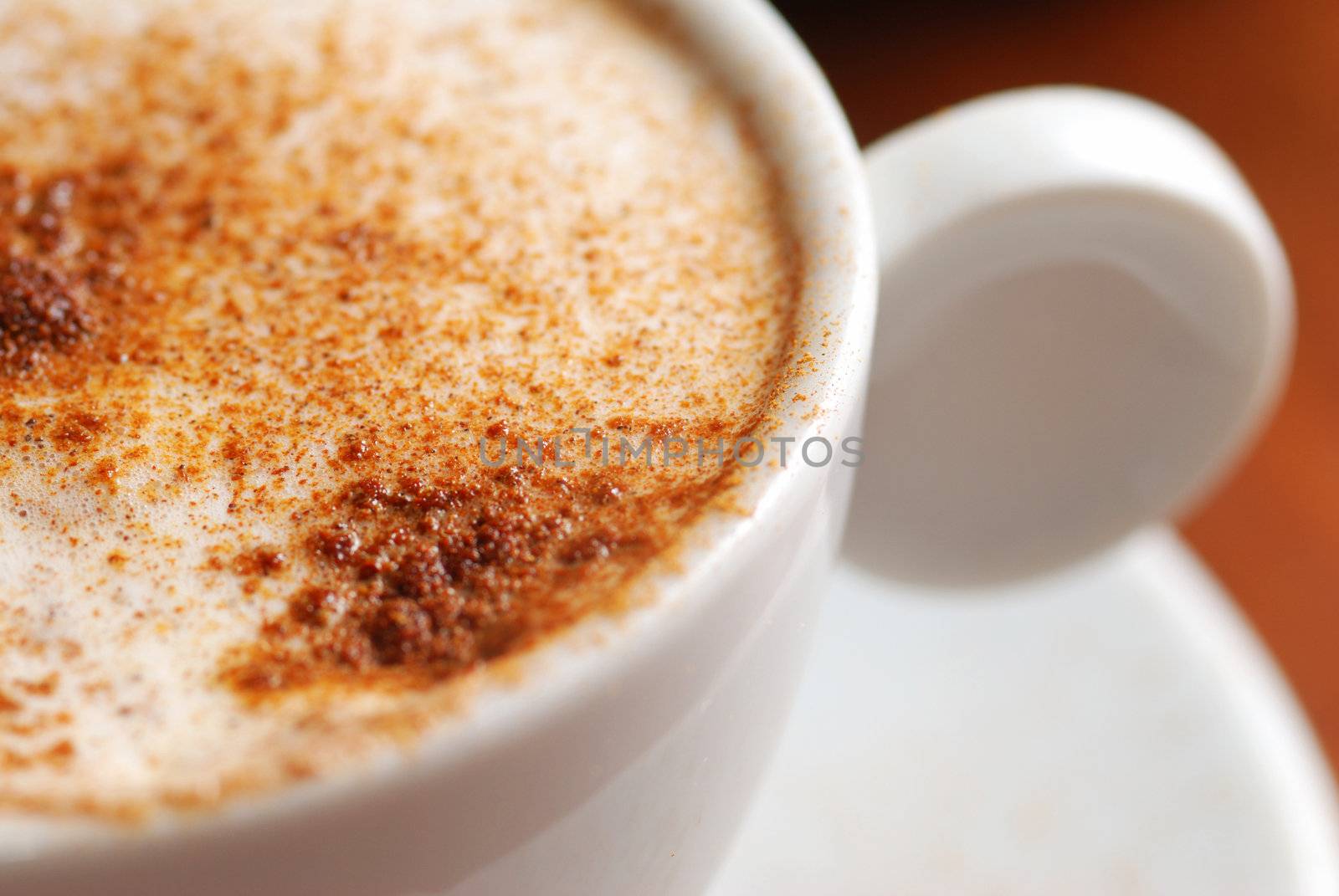 Cup of cappuccino with cinnamon close up
