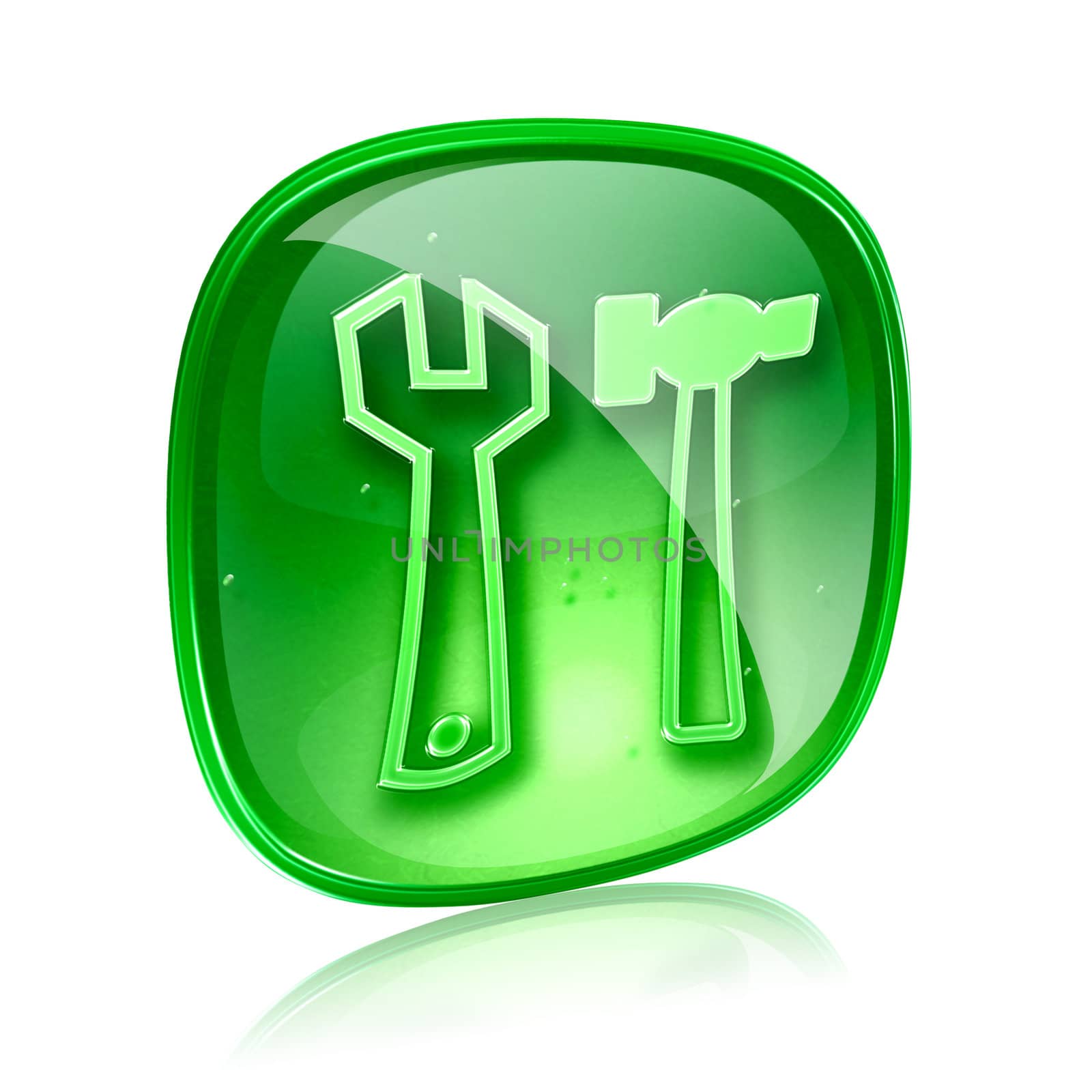 Tools icon green glass, isolated on white background.