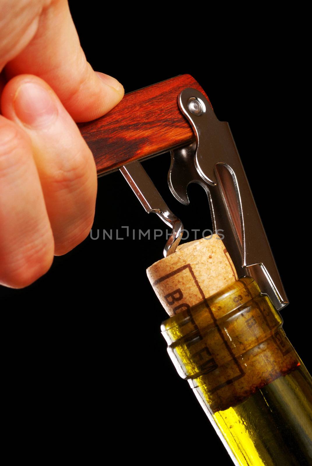 Opening a wine bottle with corkscrew, isolated on black