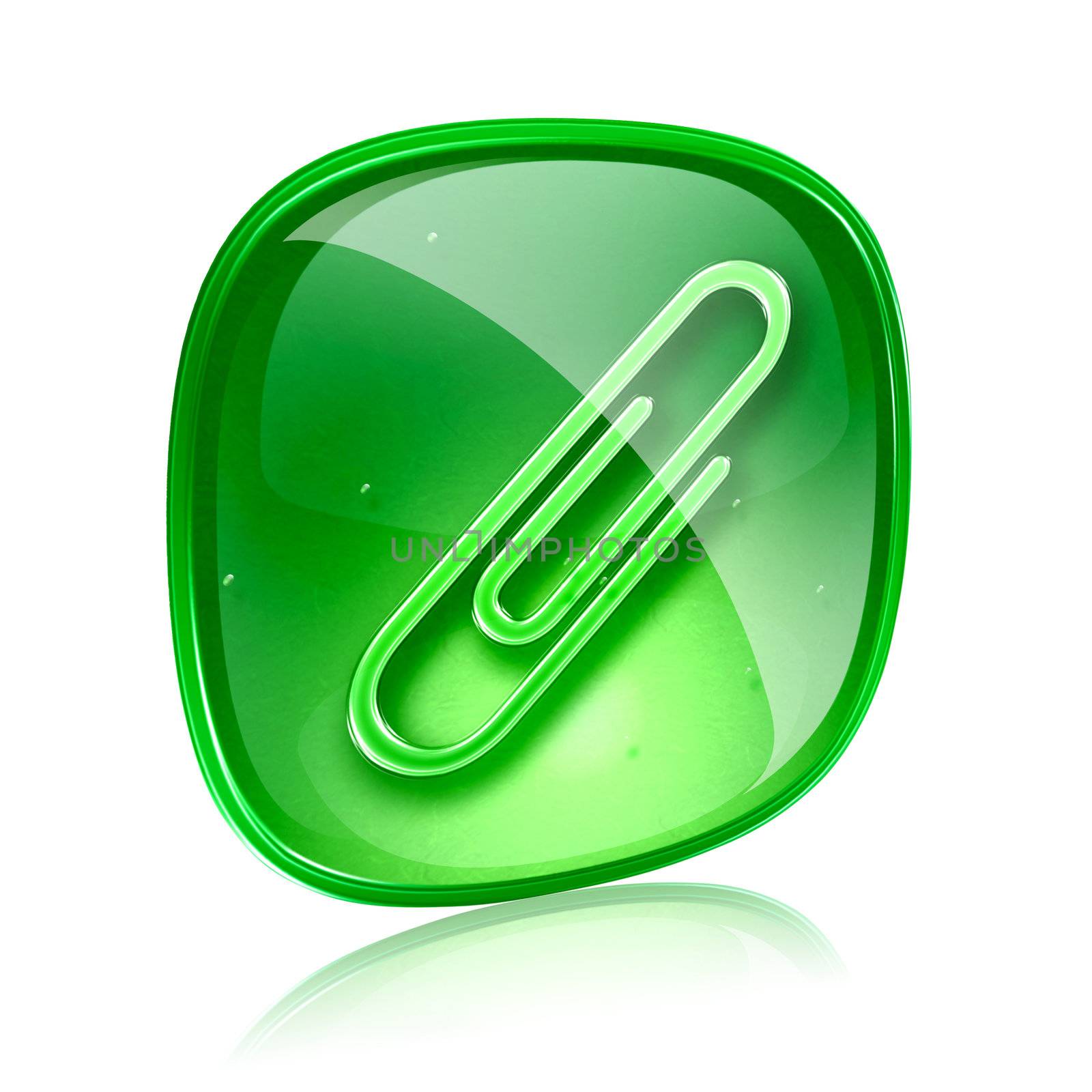 Paperclip icon green glass, isolated on white background