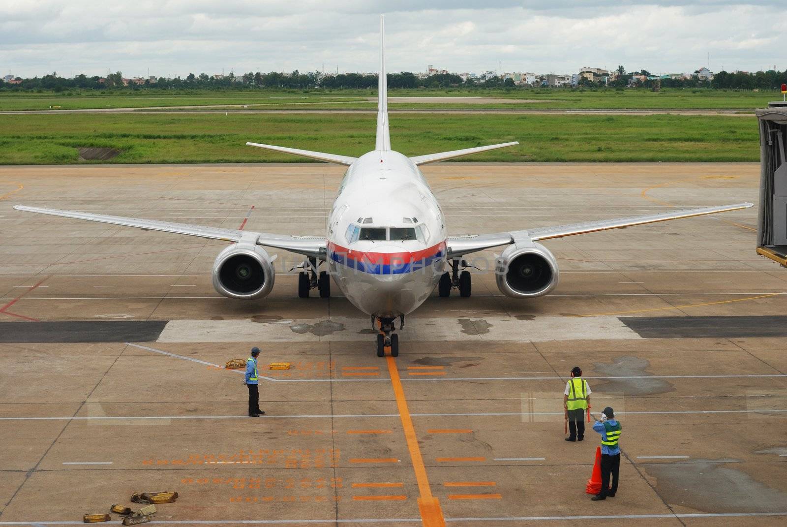 Airplane is taxing in airport getting ready to fly