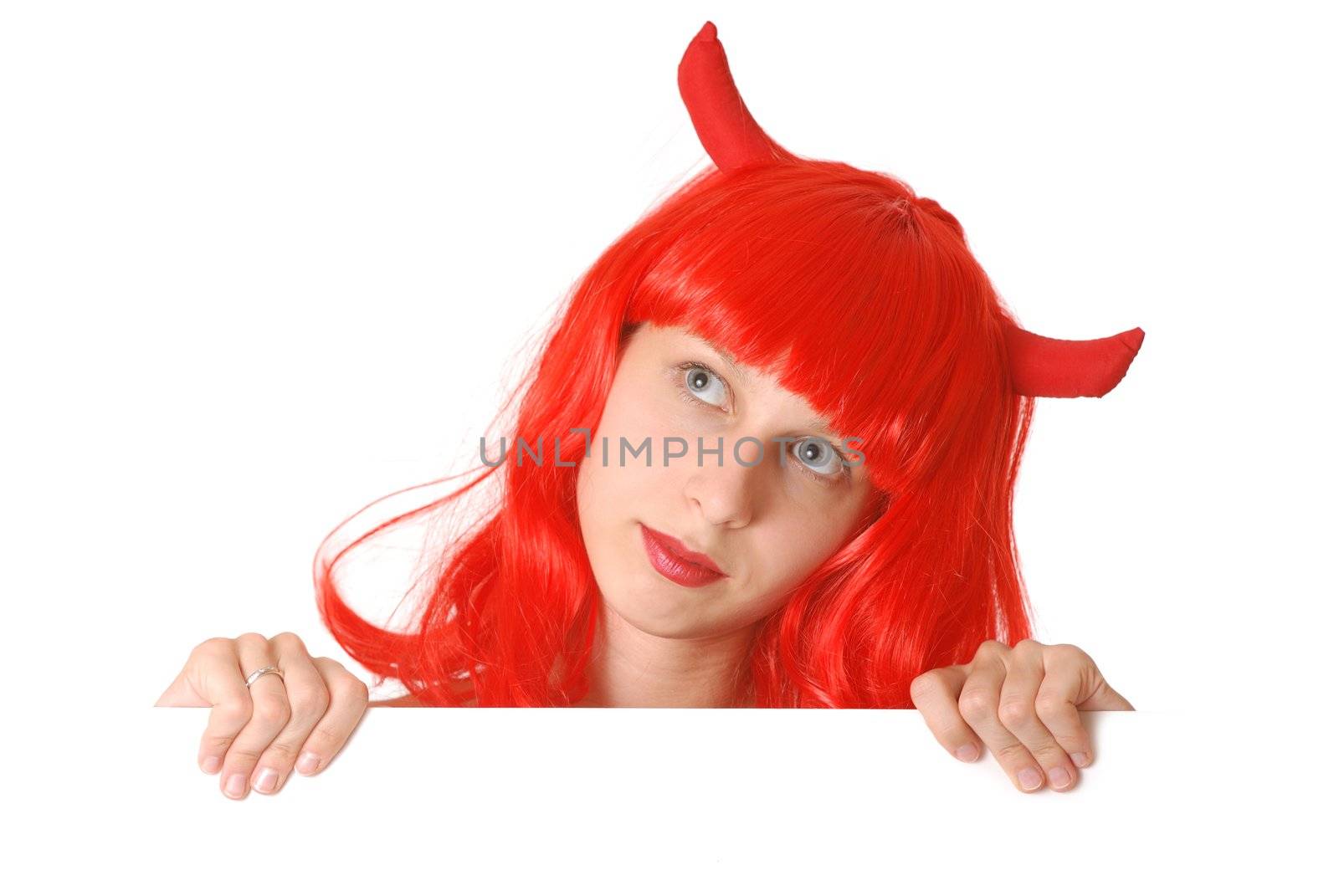 Devil halloween girl with a signboard over white