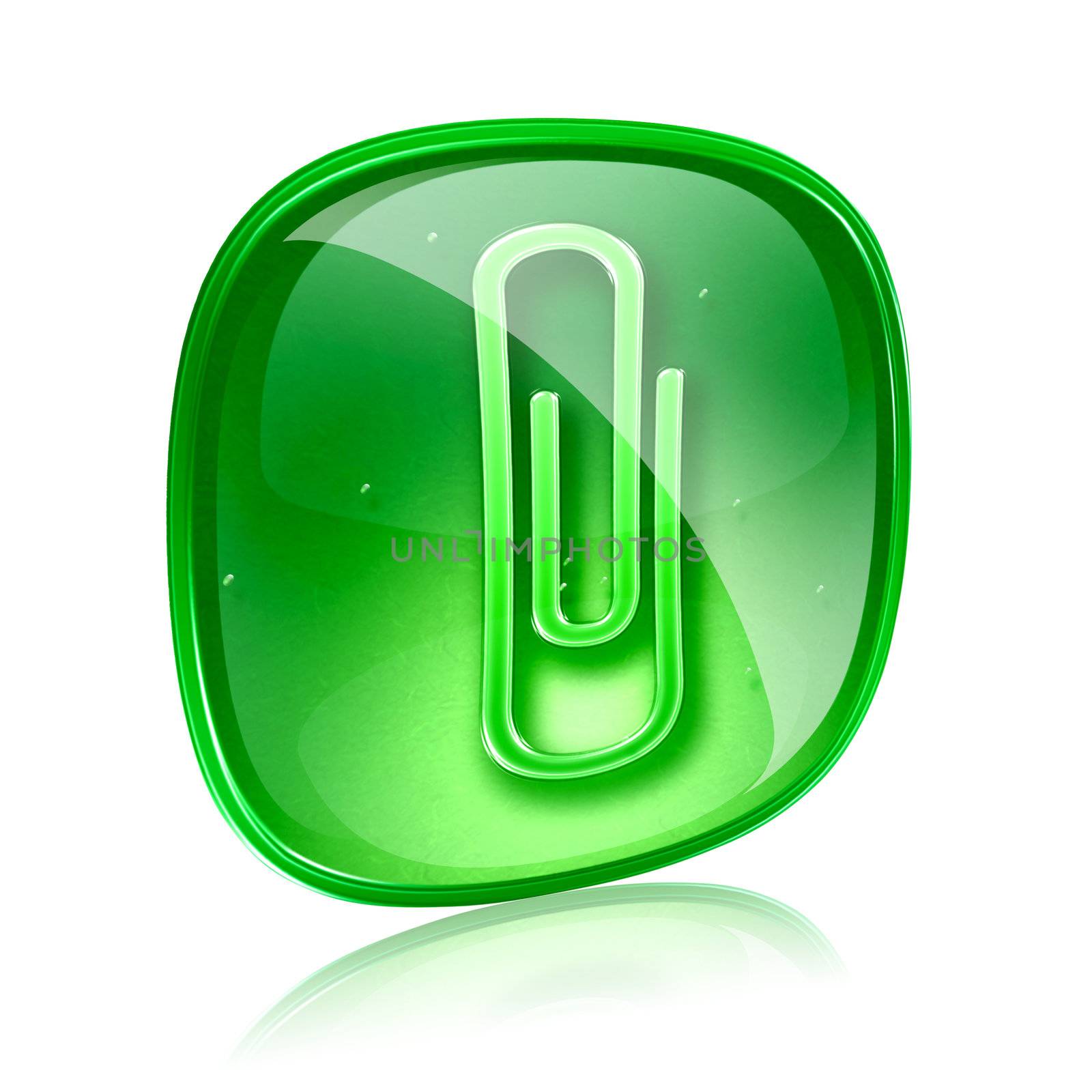 Paperclip icon green glass, isolated on white background by zeffss