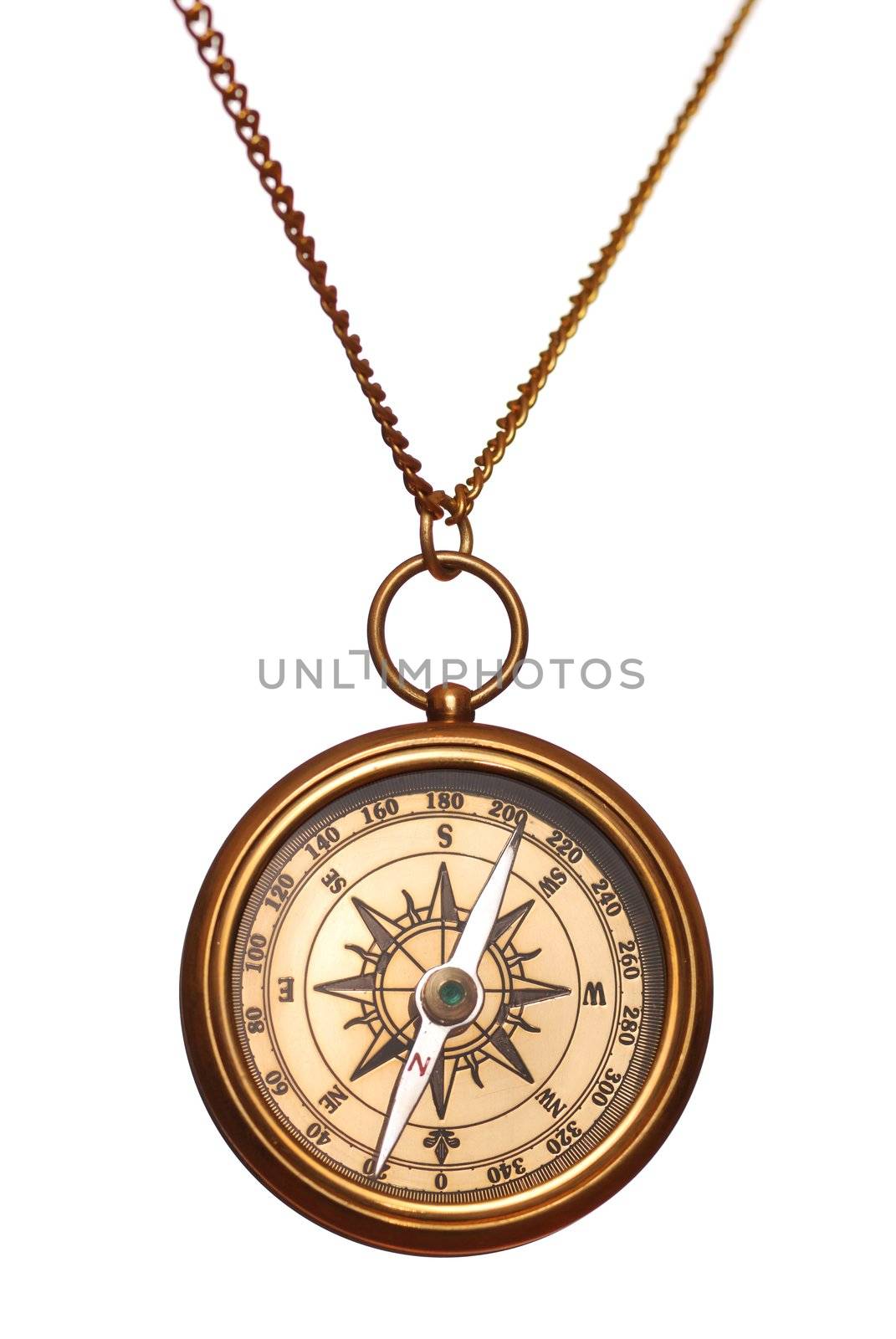 Antique brass compass isolated on white