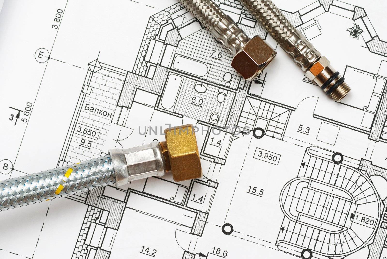 Pipes over house plan blueprints