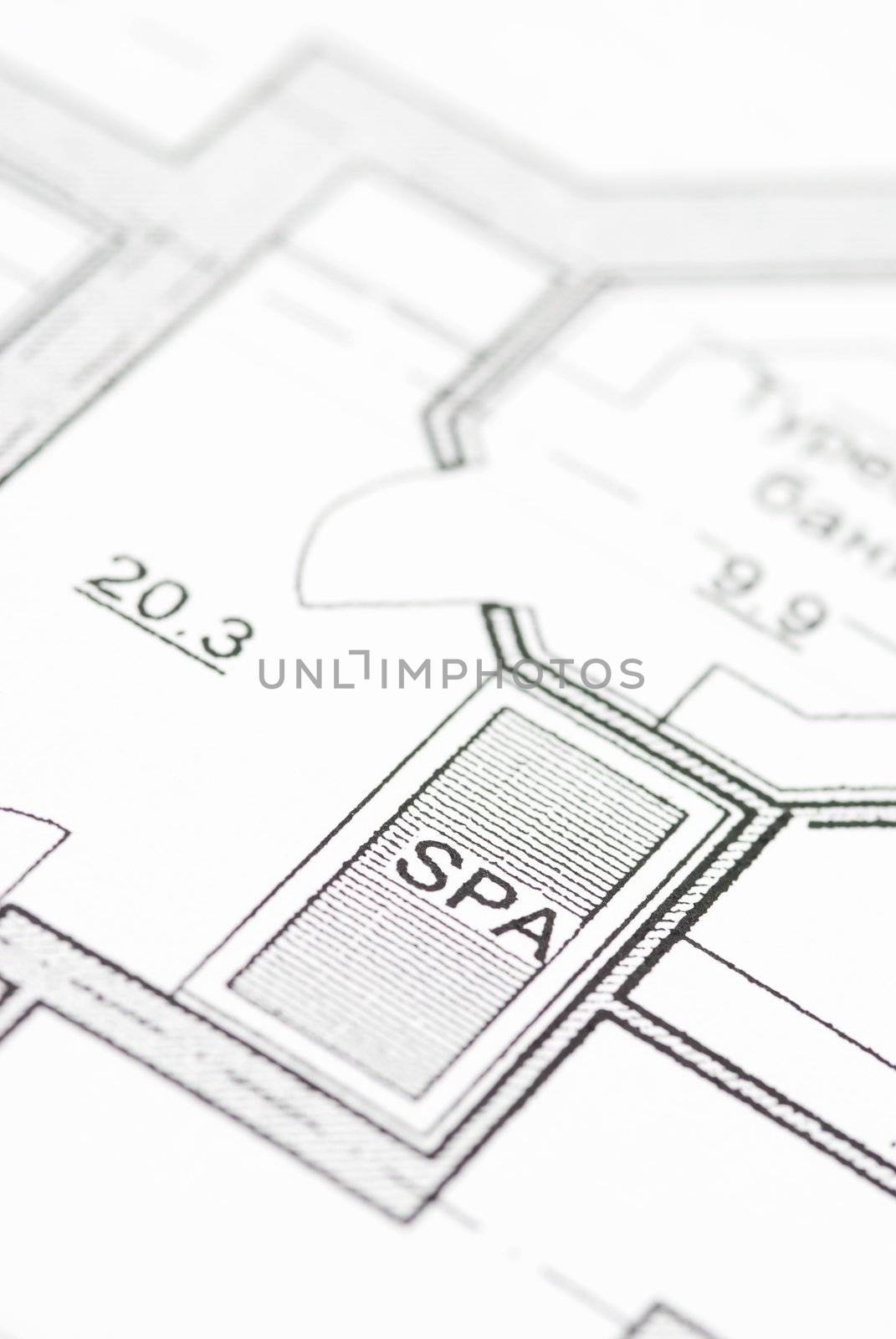 House plan blueprints close up, SPA zone