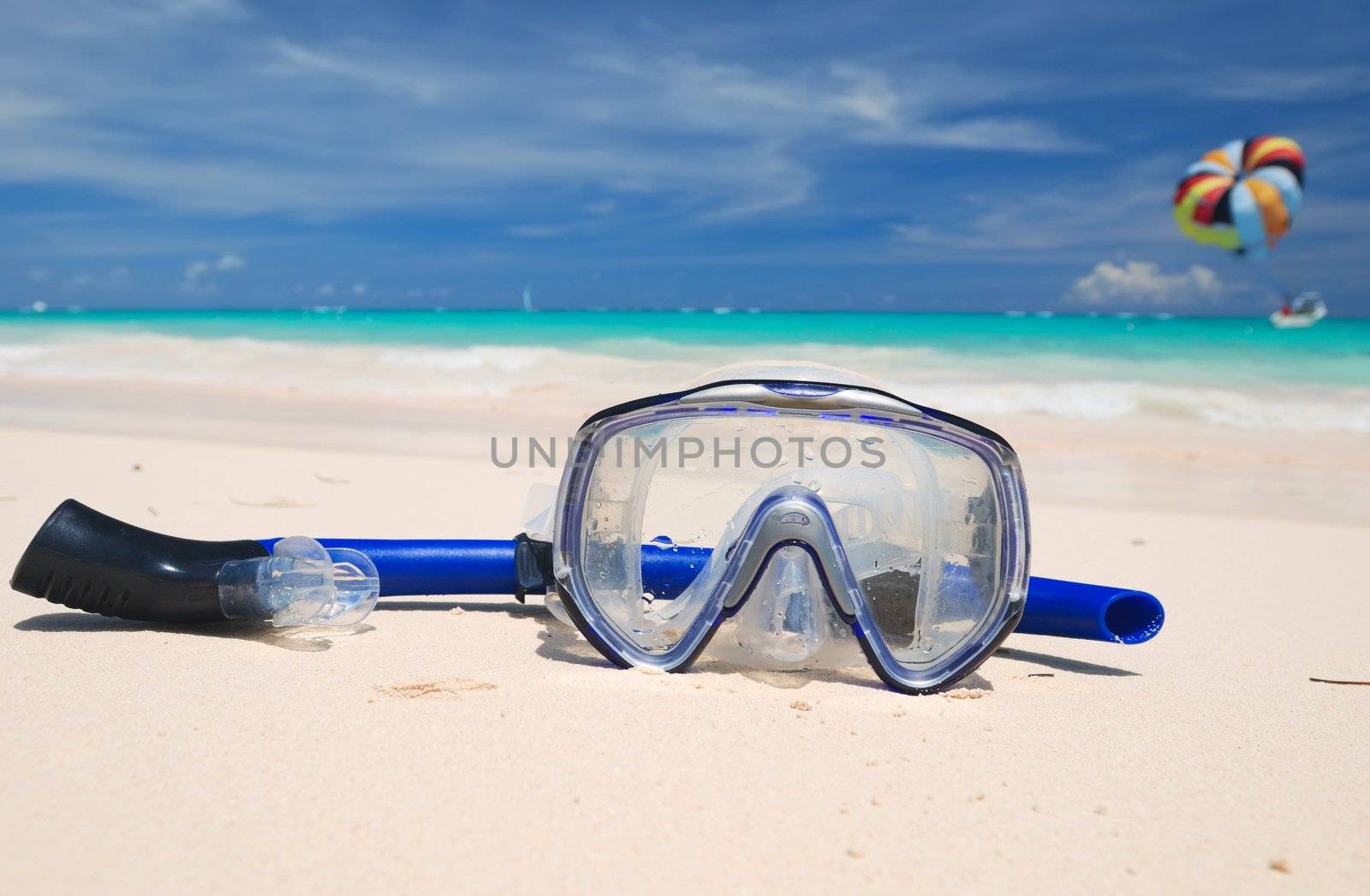 Snorkel equipment on a tropical beach