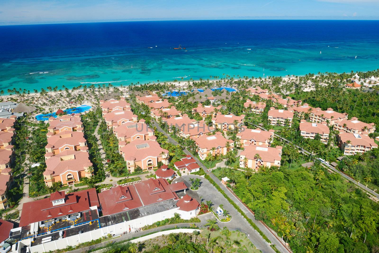 Caribbean beach hotel aerial view