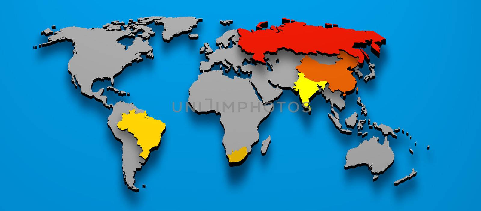 3D illustration political map of BRICS Brazil China Russia India South AFrica