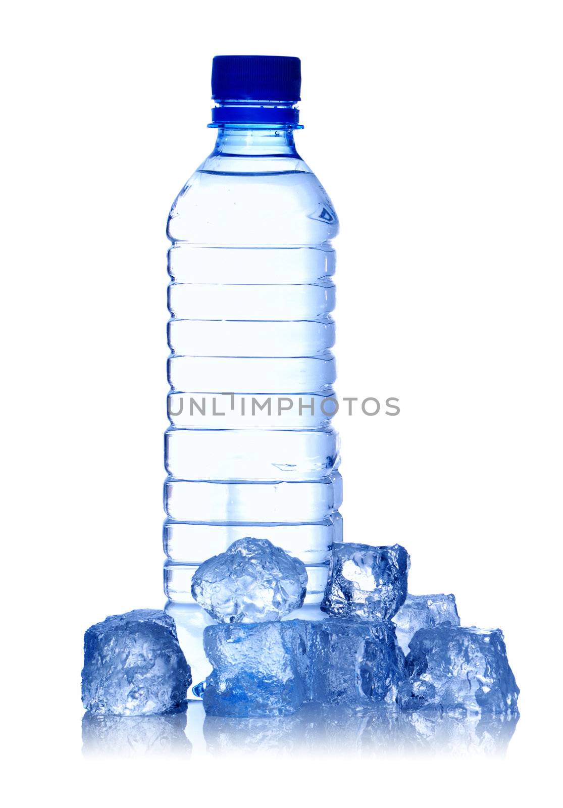 Bottle of water & ice cubes. Isolated on white, soft reflection.