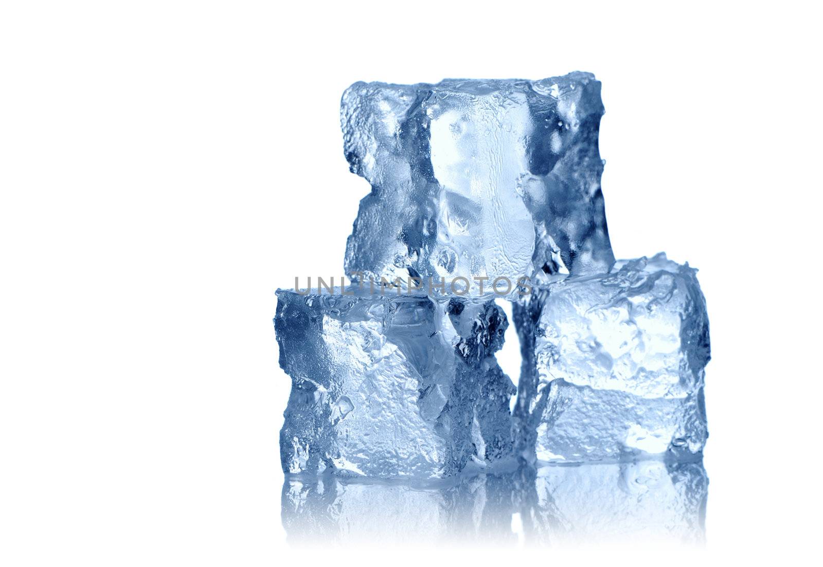 Ice cubes isolated on white background. Soft reflection.
