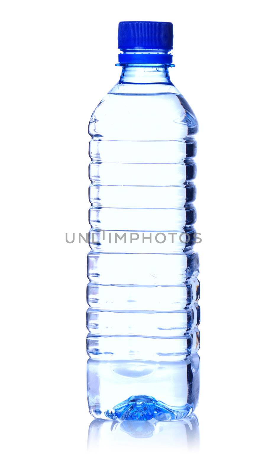 Bottle of water. Isolated on white, soft reflection.