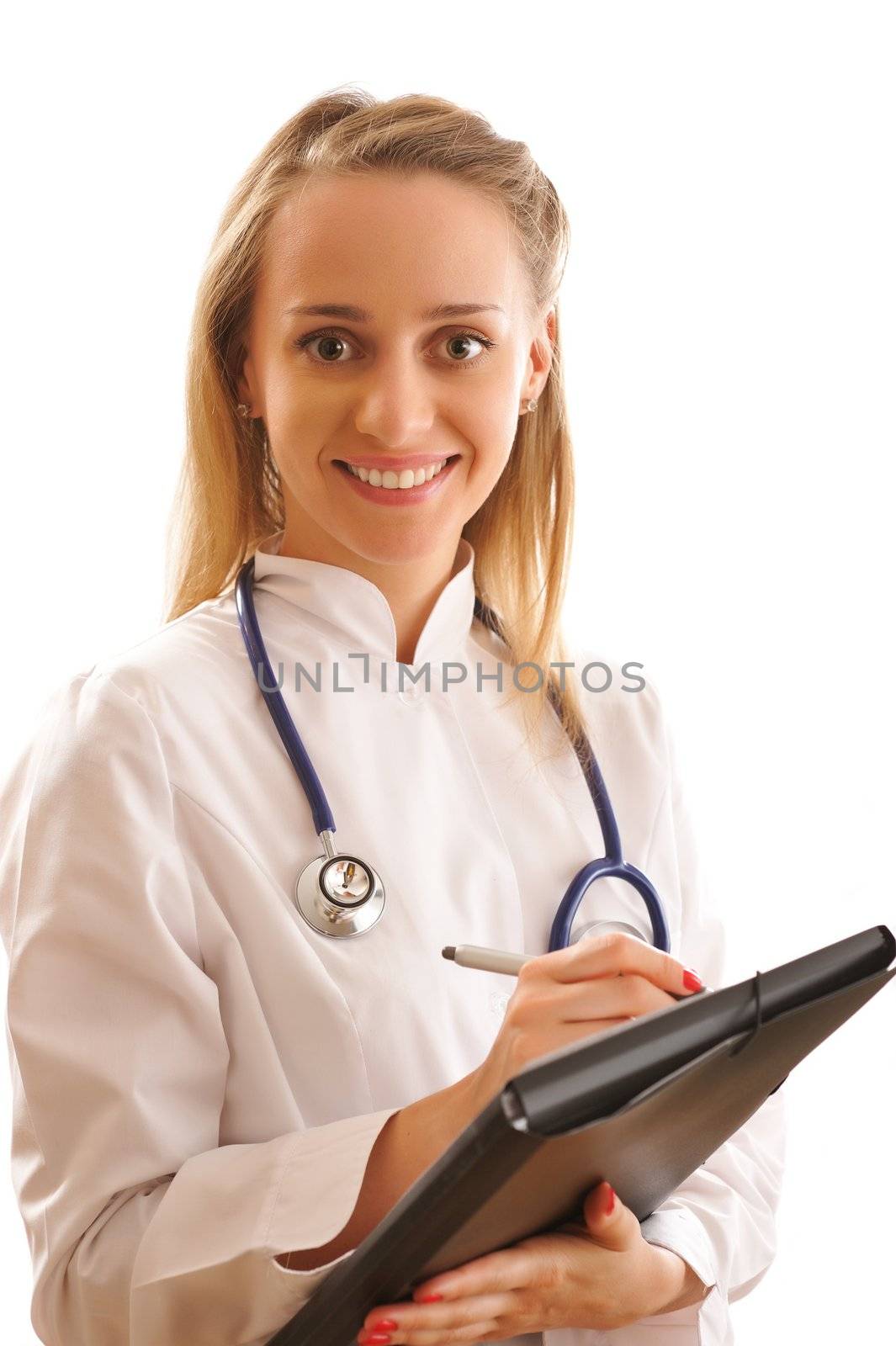 Doctor with stethoscope isolated on white