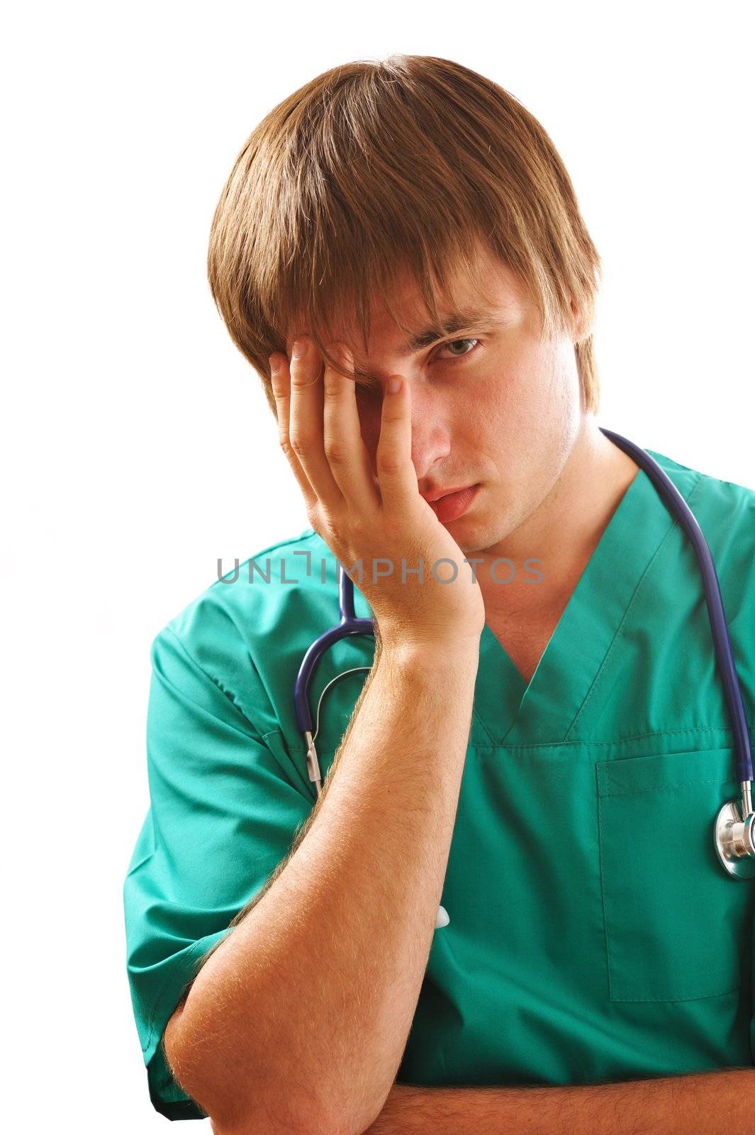 Unhappy tired doctor, bad news may be.