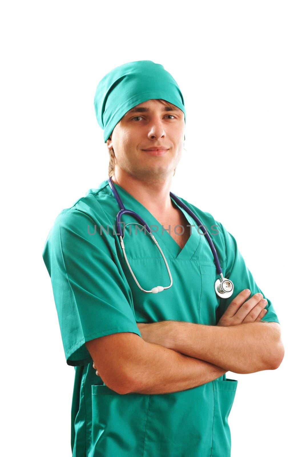Doctor with stethoscope over white