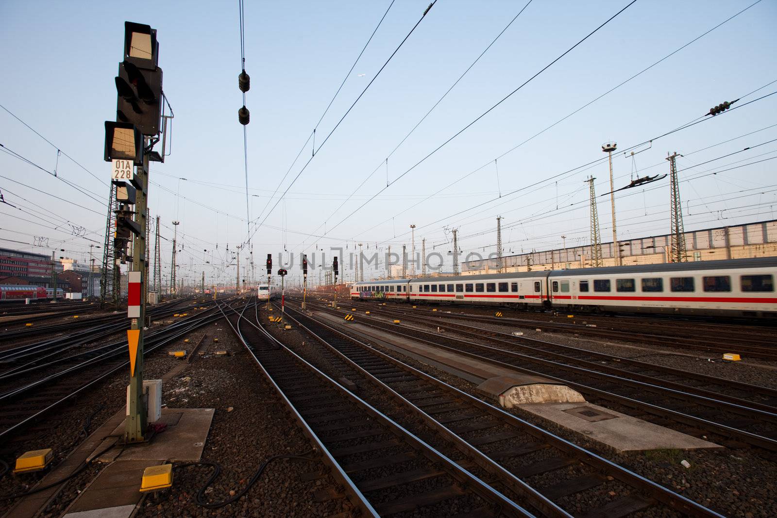 Signal and tracks in a German rail yard