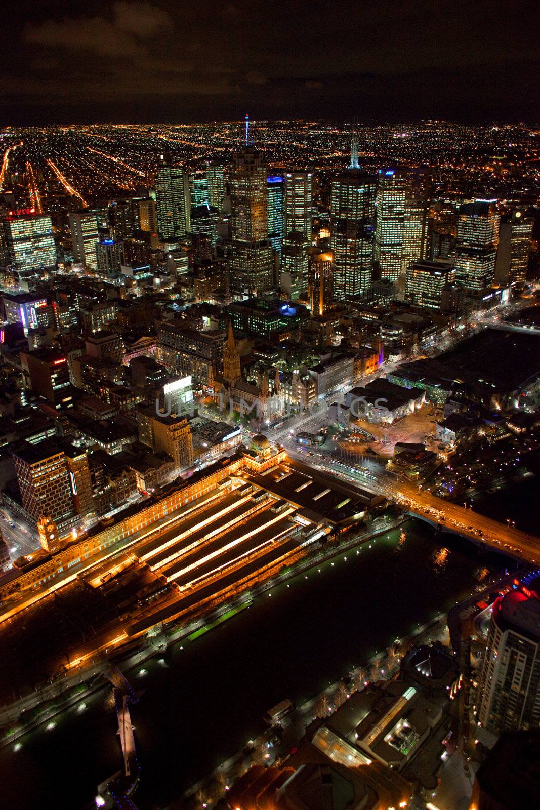 Melbourne's Flinders Street Station and Central Business District, aerial