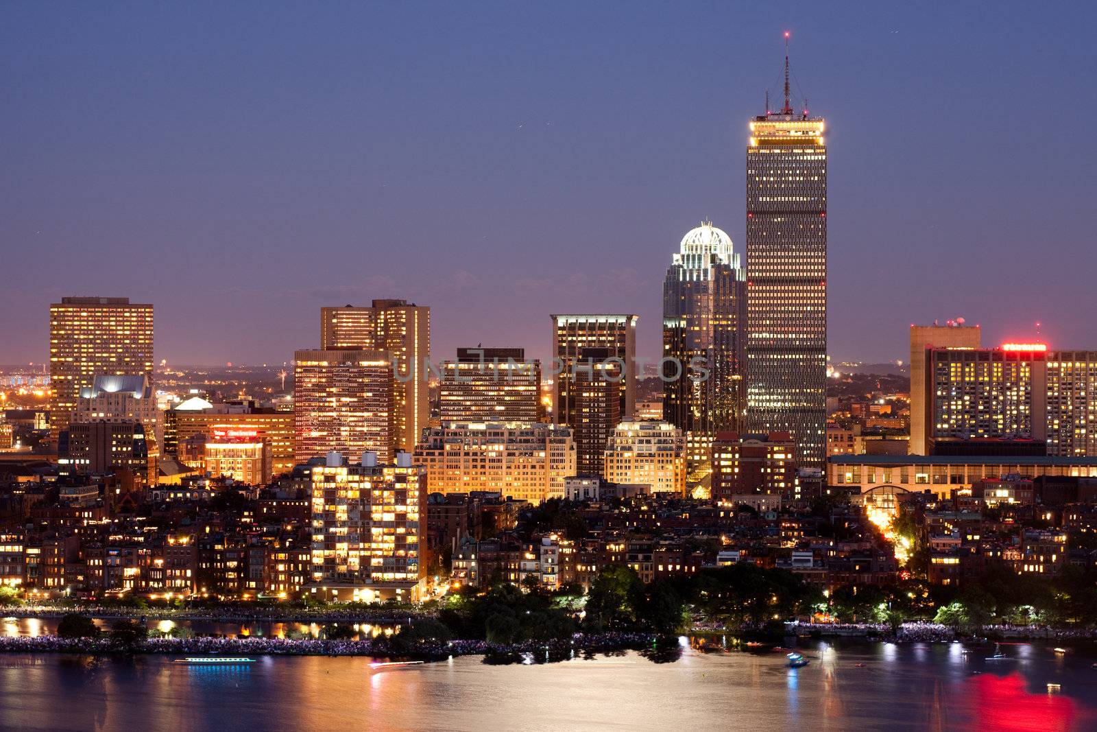 Boston's Back Bay skyline at dusk, aerial