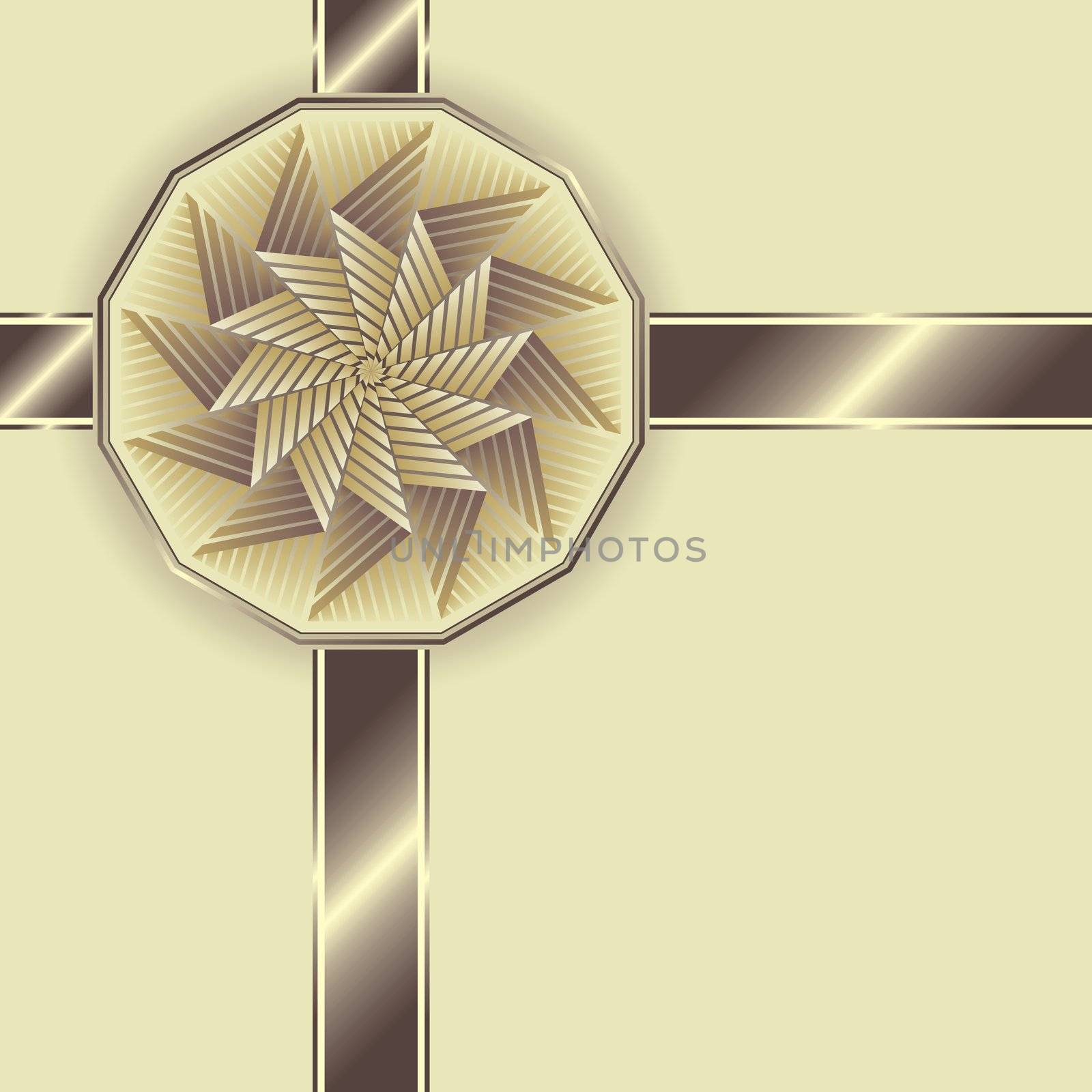 Intersection of brown ribbon with a bow on a yellow background