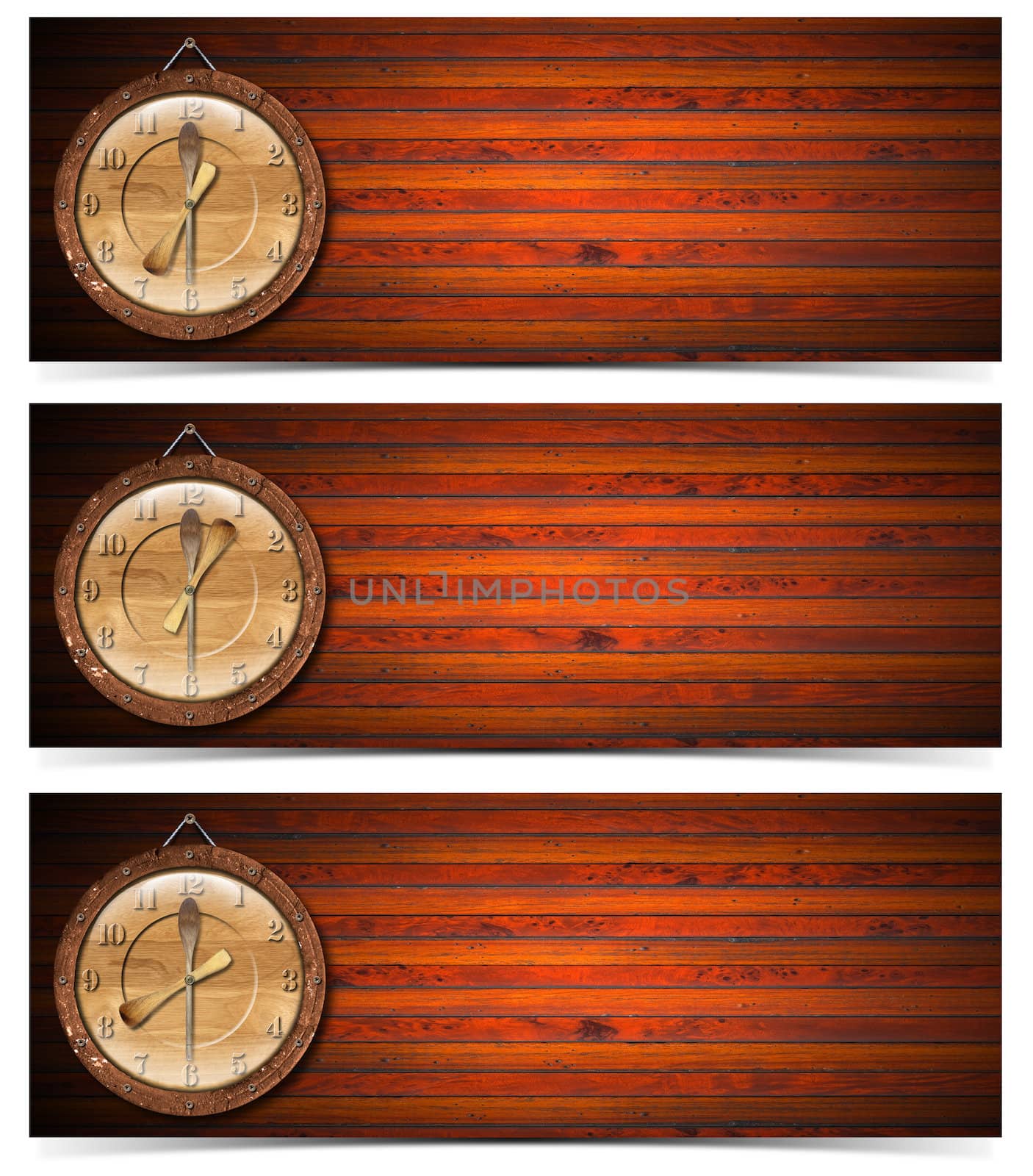 Set of wooden banners with wood clock - breakfast, lunch and dinner time
