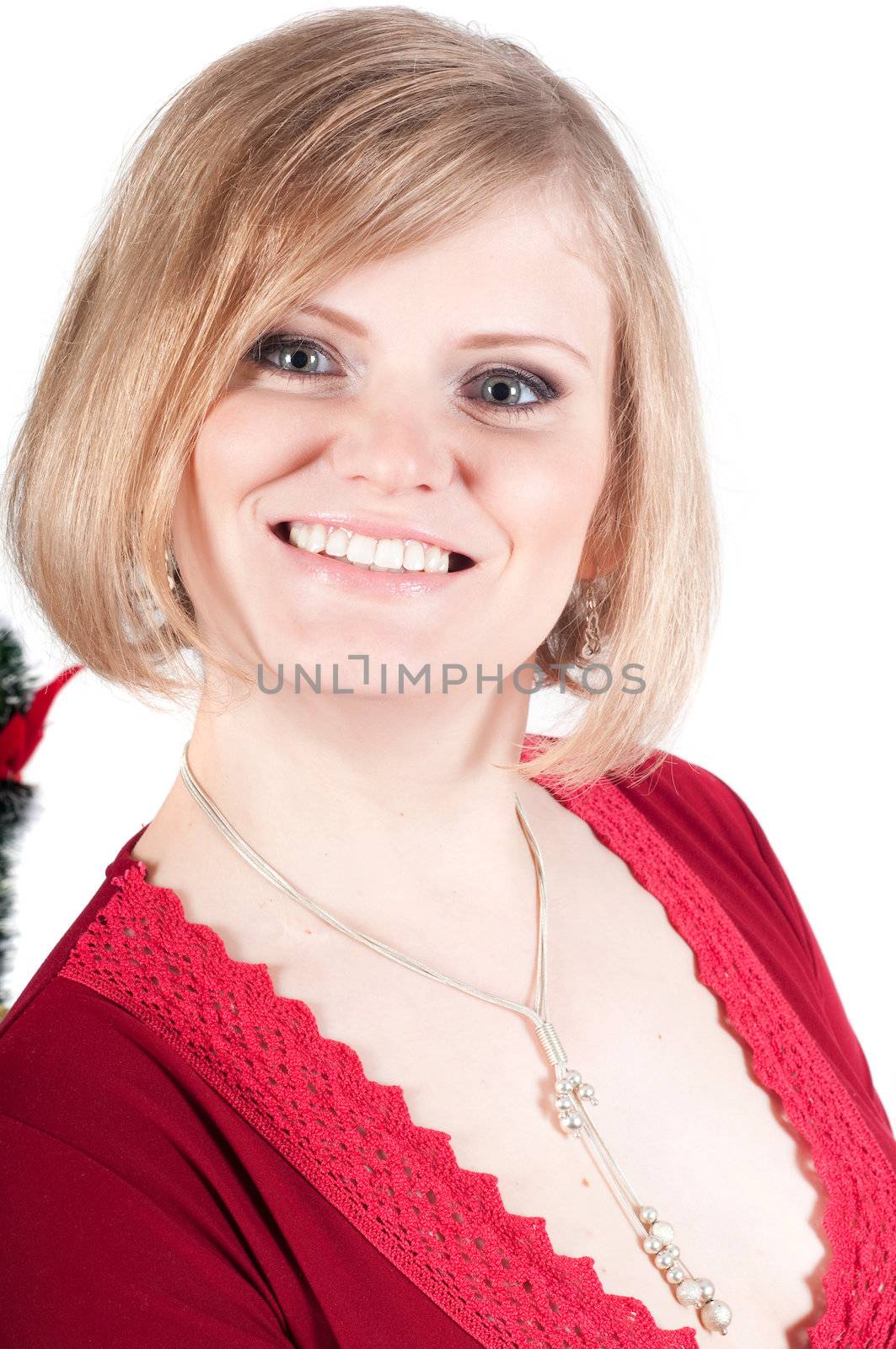 Portrait of beautiful woman in red isolated on white