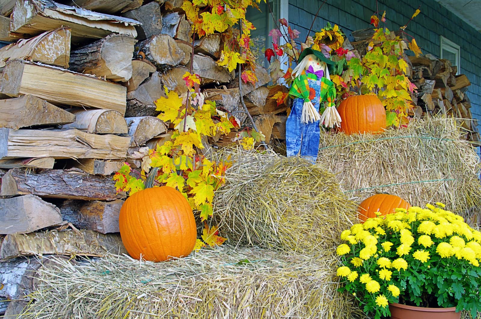 The poarch of a house decorated for fall