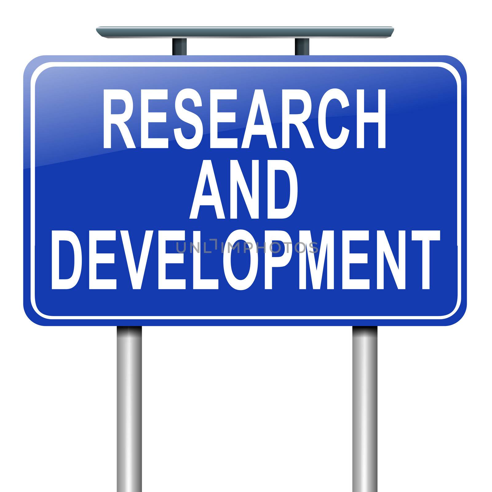 Illustration depicting a roadsign with a research and development concept. White background.