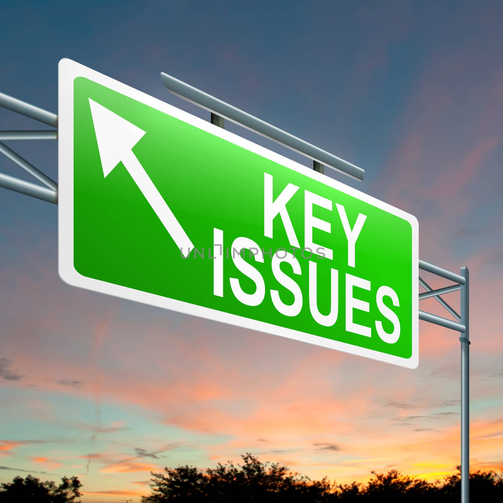 Illustration depicting a roadsign with a key issues concept. Sky background.