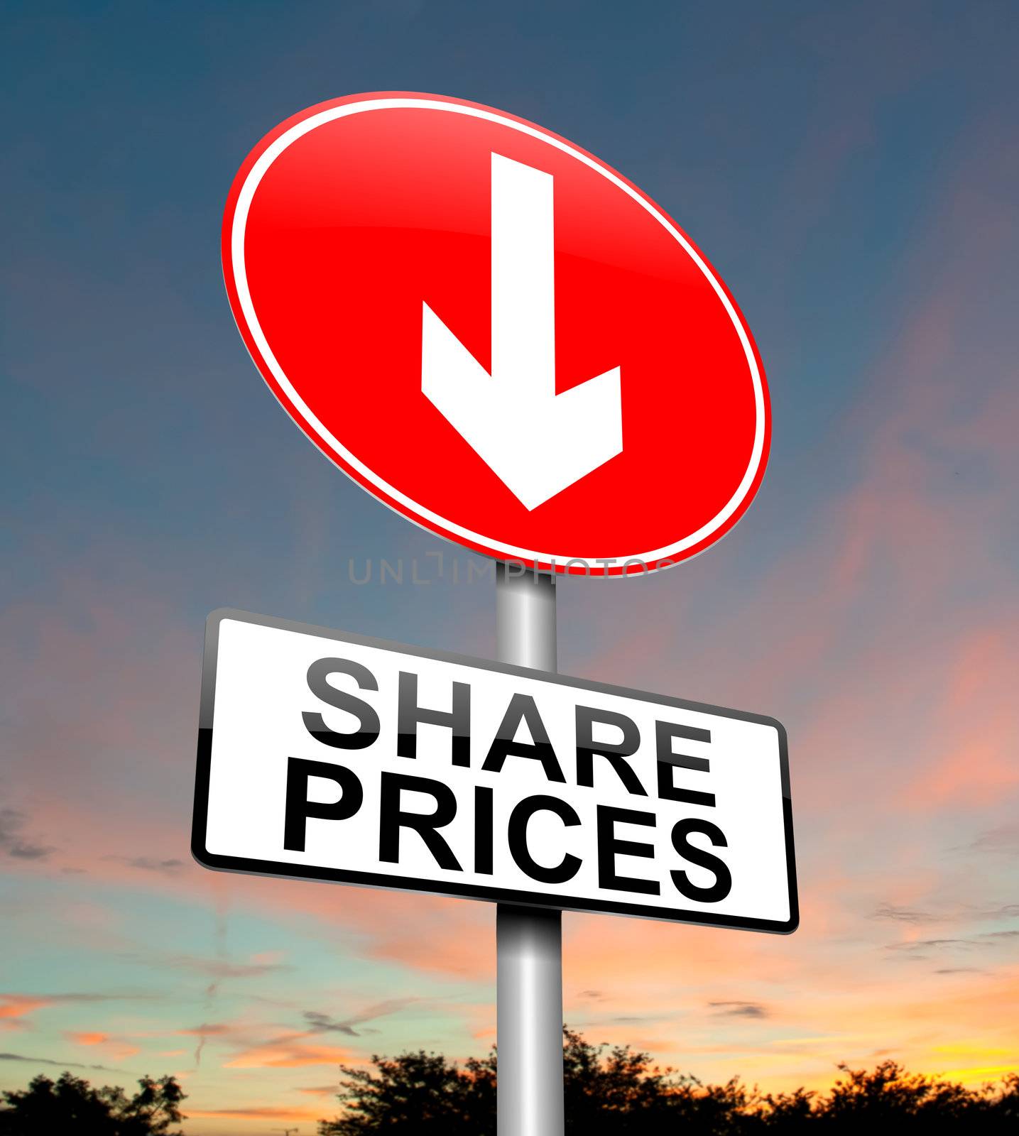 Illustration depicting a roadsign with a share price concept. Dusk sky background.