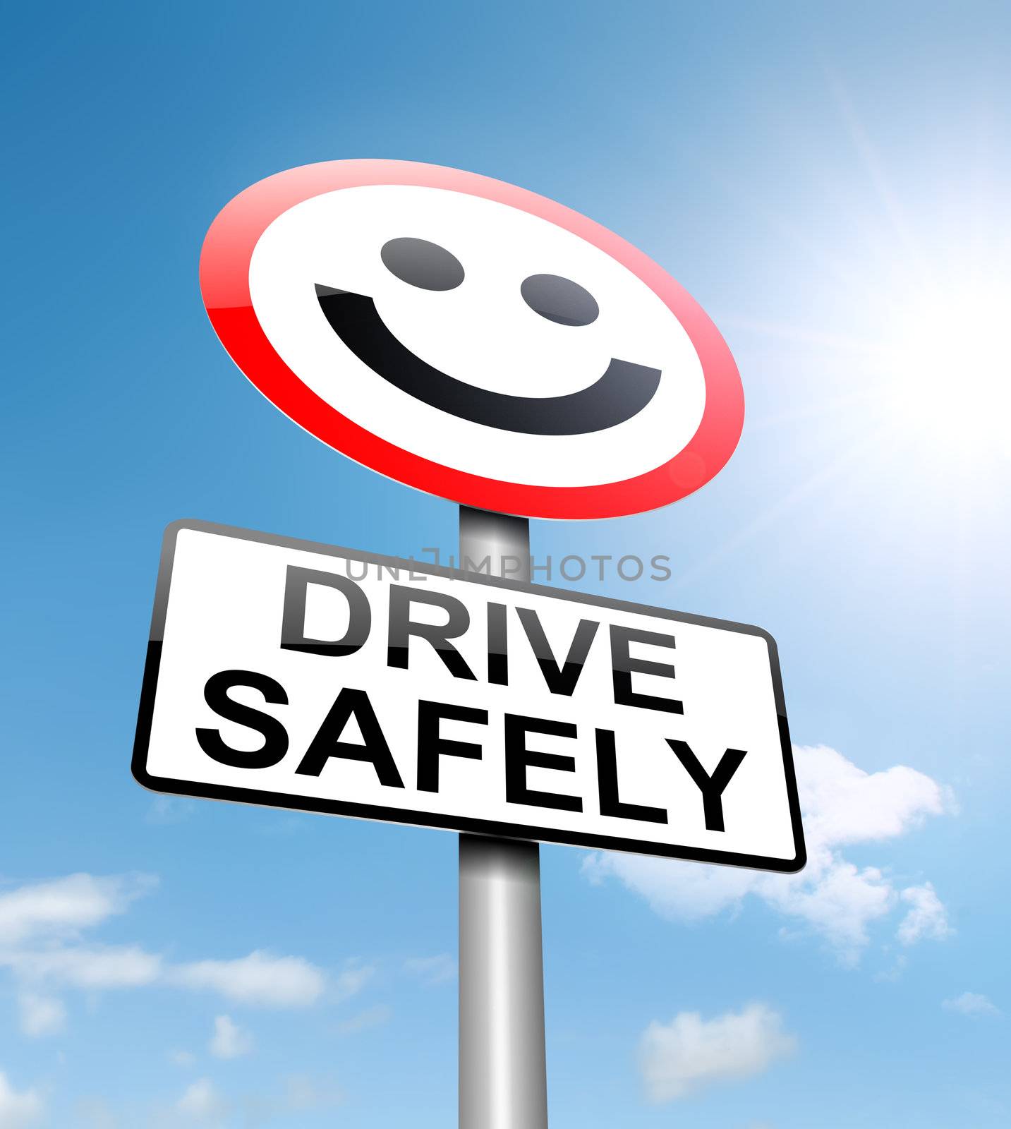 Illustration depicting a roadsign with a safe driving concept. Sky background.