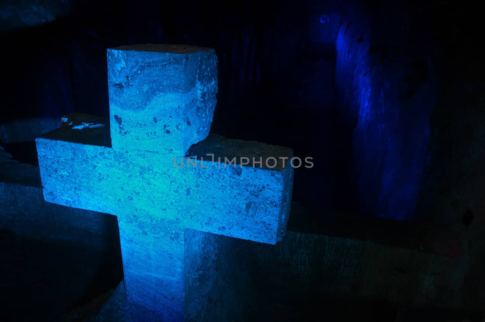 A blue salt cross in the salt cathedral in Zipaquira, Colombia.