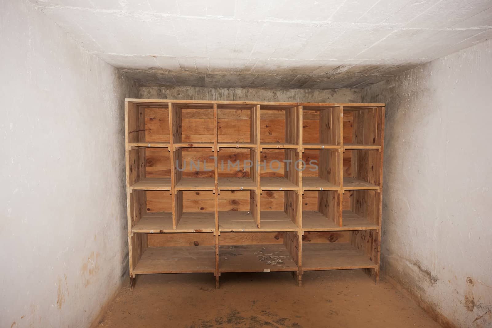 Wooden empty shelf in storage room for explosives in abandoned Lousal mine, Grandola, Portugal