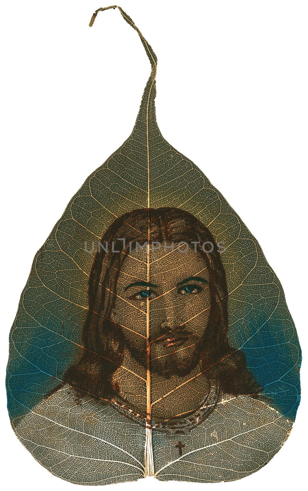 Peepal Leaf hand-painted depicting Jesus on white background