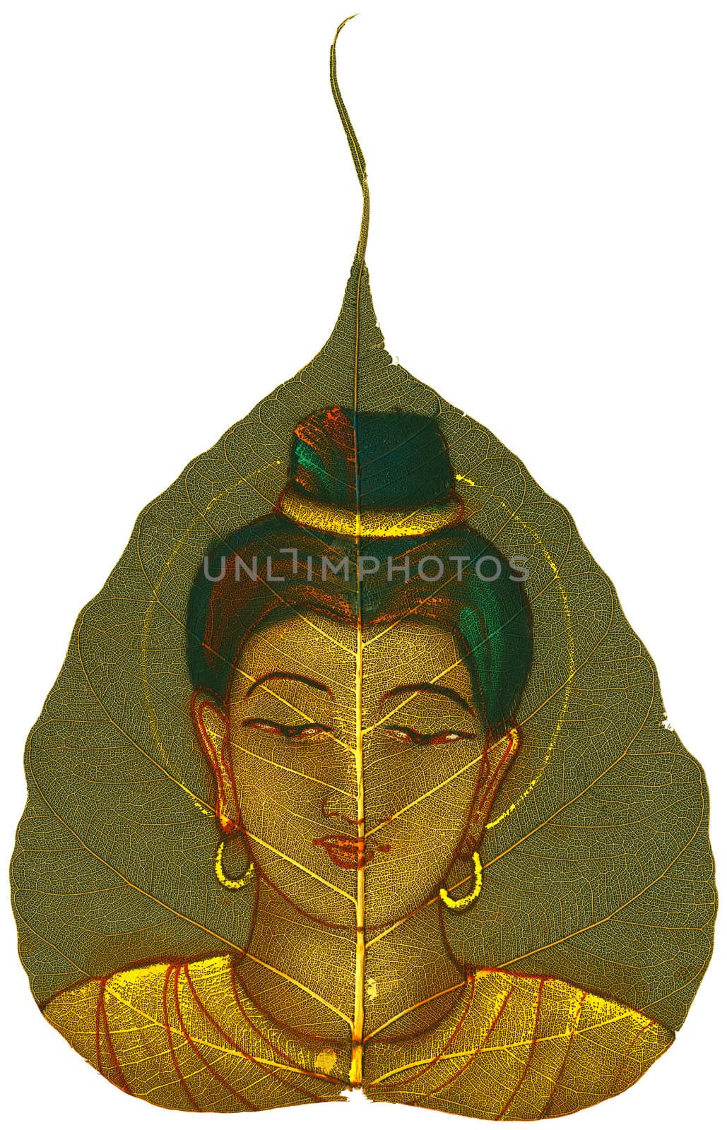 Peepal Leaf hand-painted depicting young Indian woman on white background
