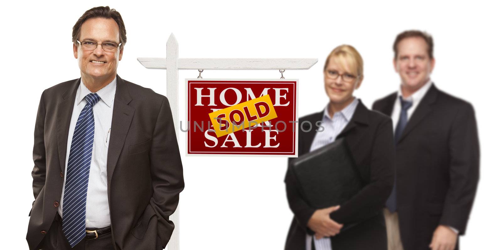 Men and Woman with Real Estate Sign Isolated by Feverpitched