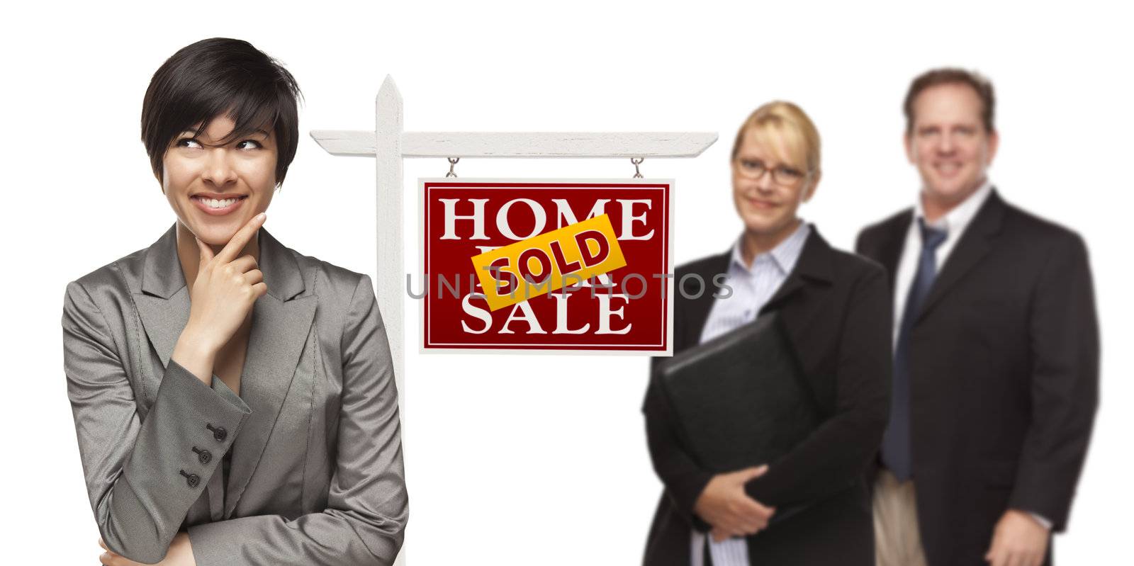 Mixed Race People with Sold Home For Sale Real Estate Sign Isolated on a White Background.