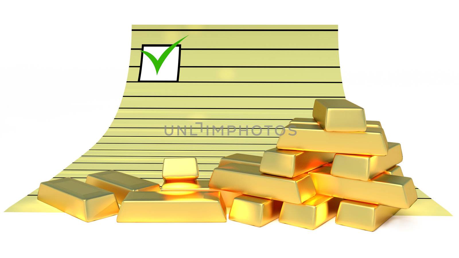 Gold bars and document paper on the white background