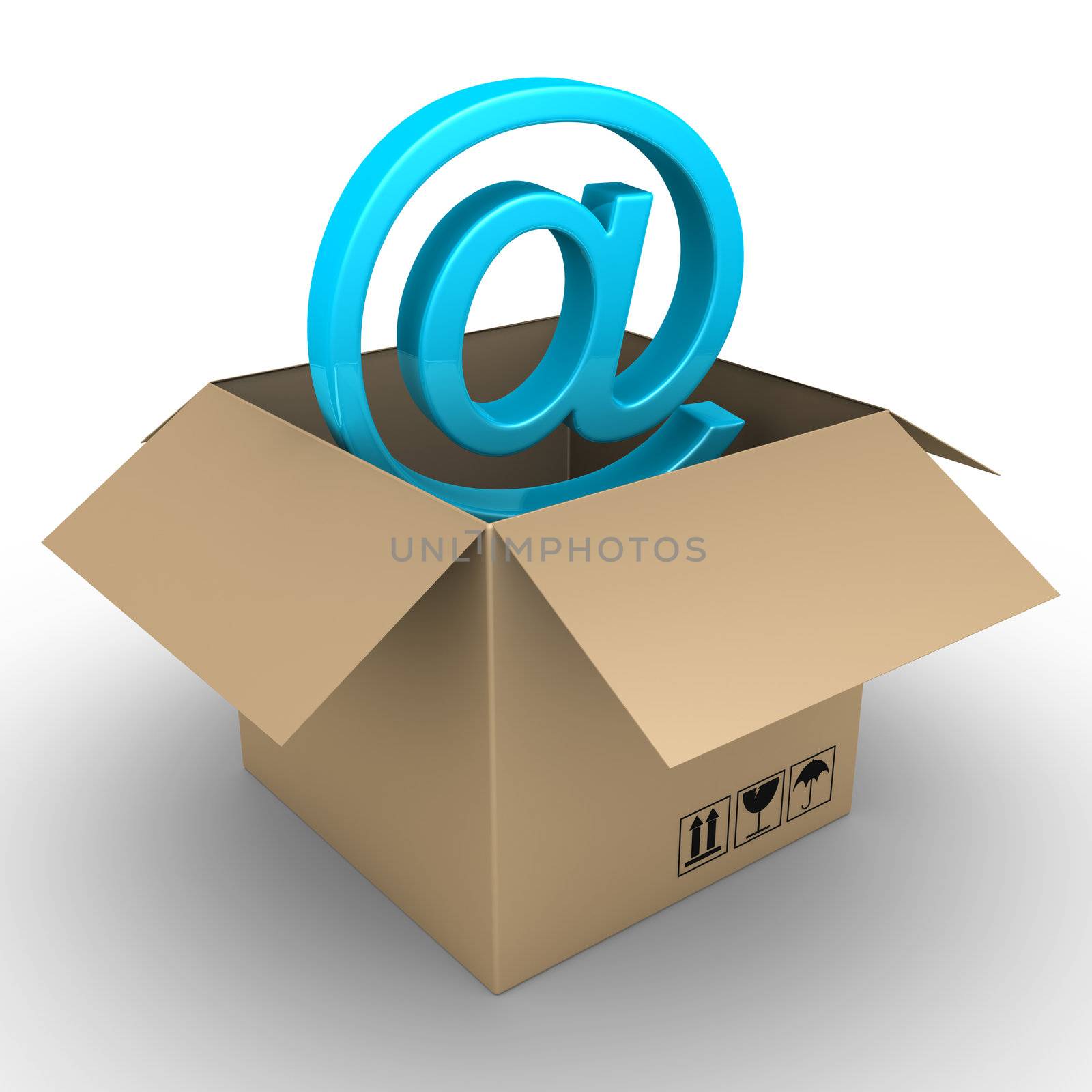 3d e-mail symbol inside of open carton box