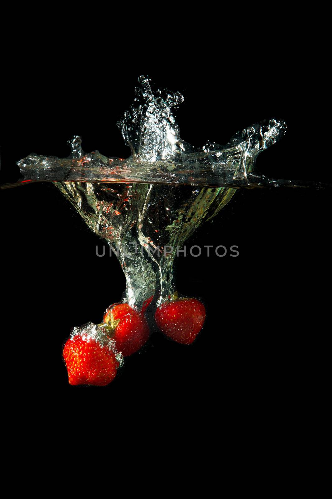 Colored red paprika in water splashes on black background