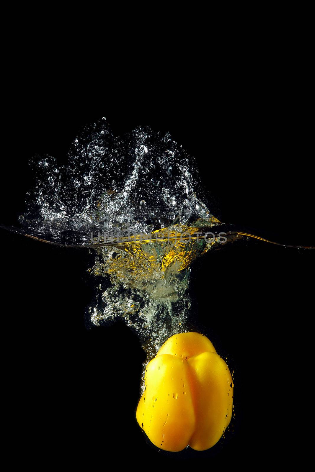 Colored yellow paprika in water splashes on black background