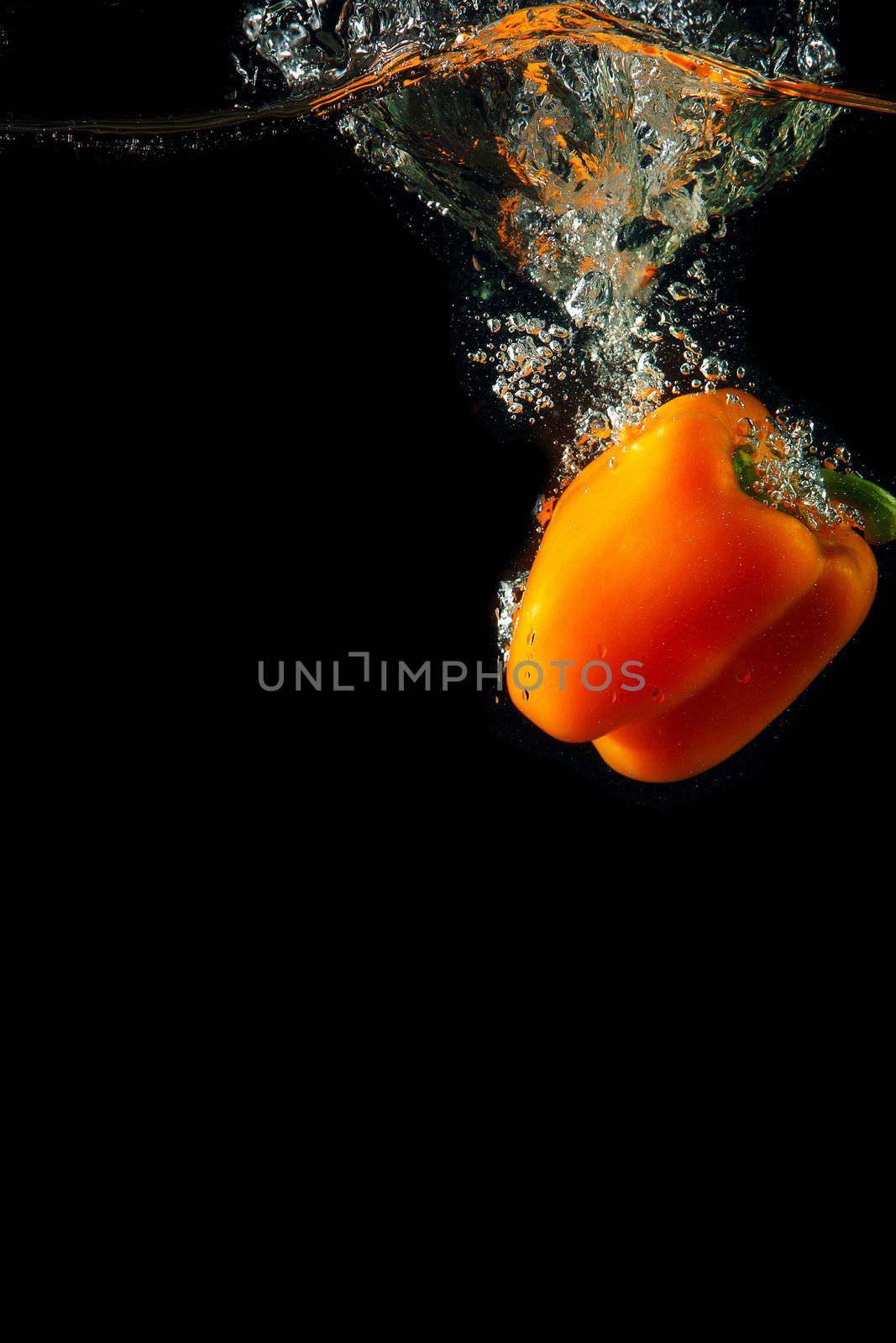 Colored orange paprika in water splashes on black background