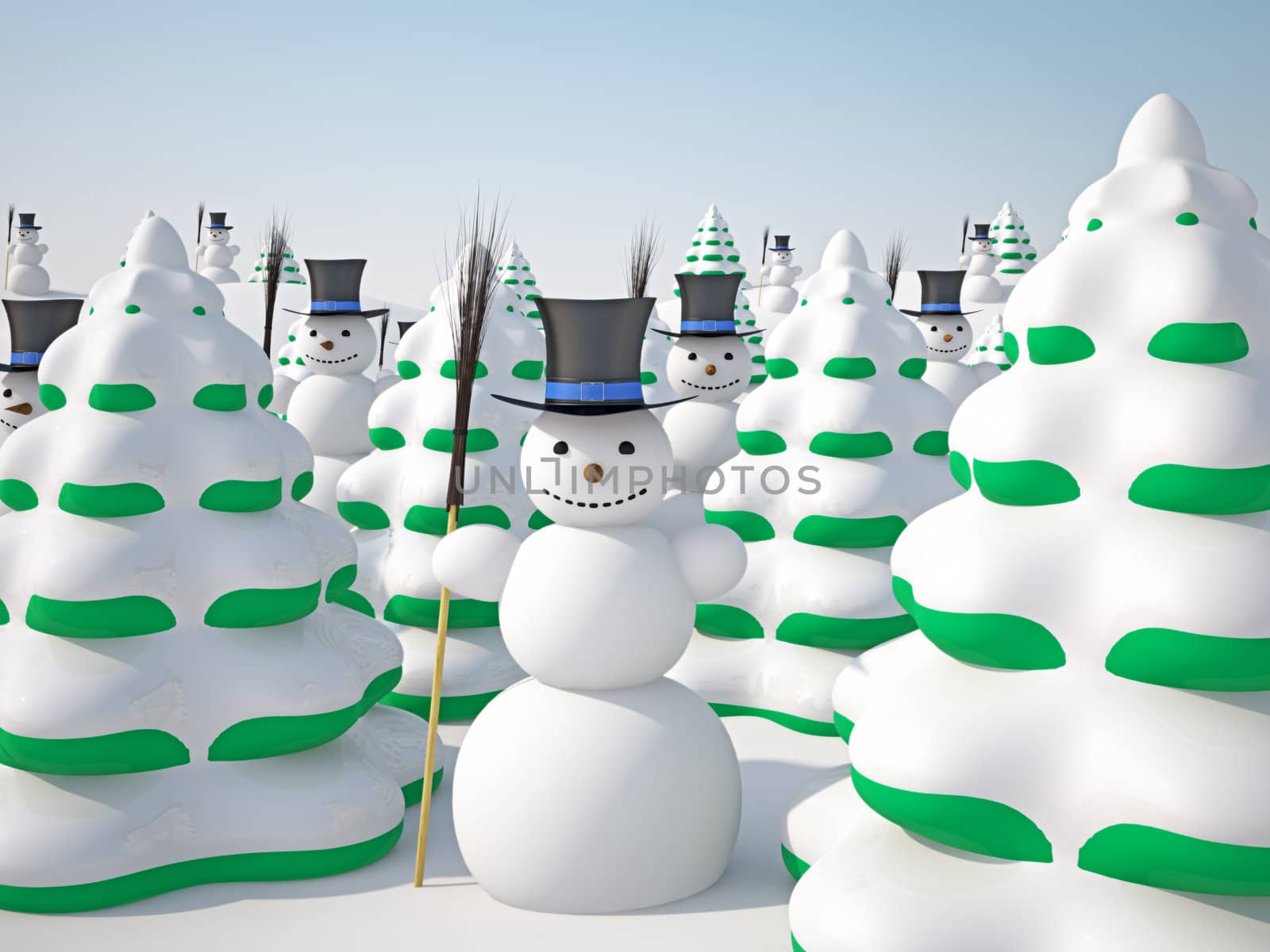The winter landscape with trees and snowmans
